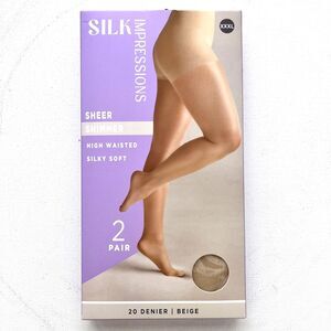 NEW SILK Impressions Beige Sheer Shimmer High Waisted Pantyhose 20 Den XXXL 2pr